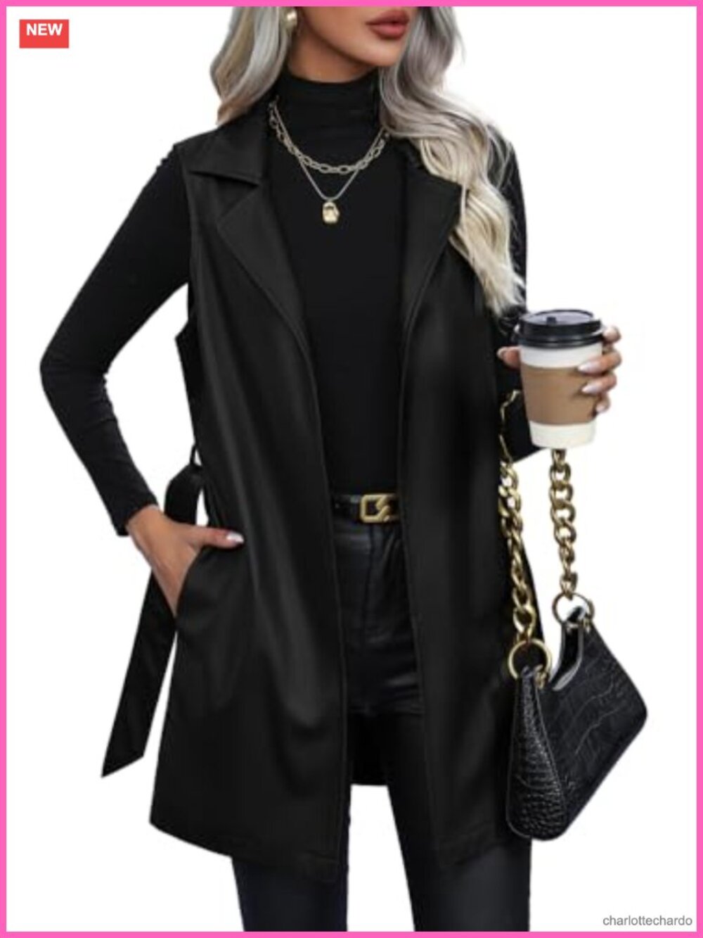 Faux Leather Long Sleeveless Open Front Vest with Belt
